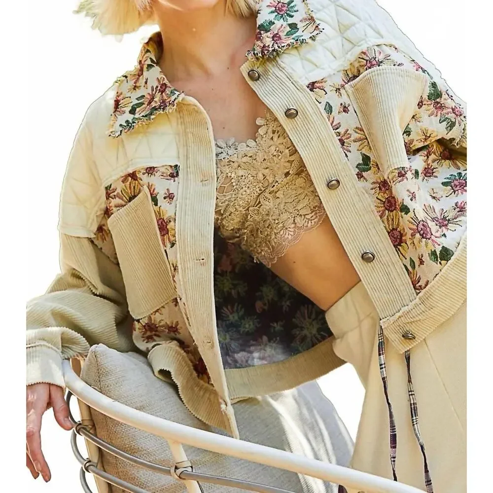 POL Quilted Corduroy Jacket Jacquard‎ Sz S Tapestry Grandma Cottage